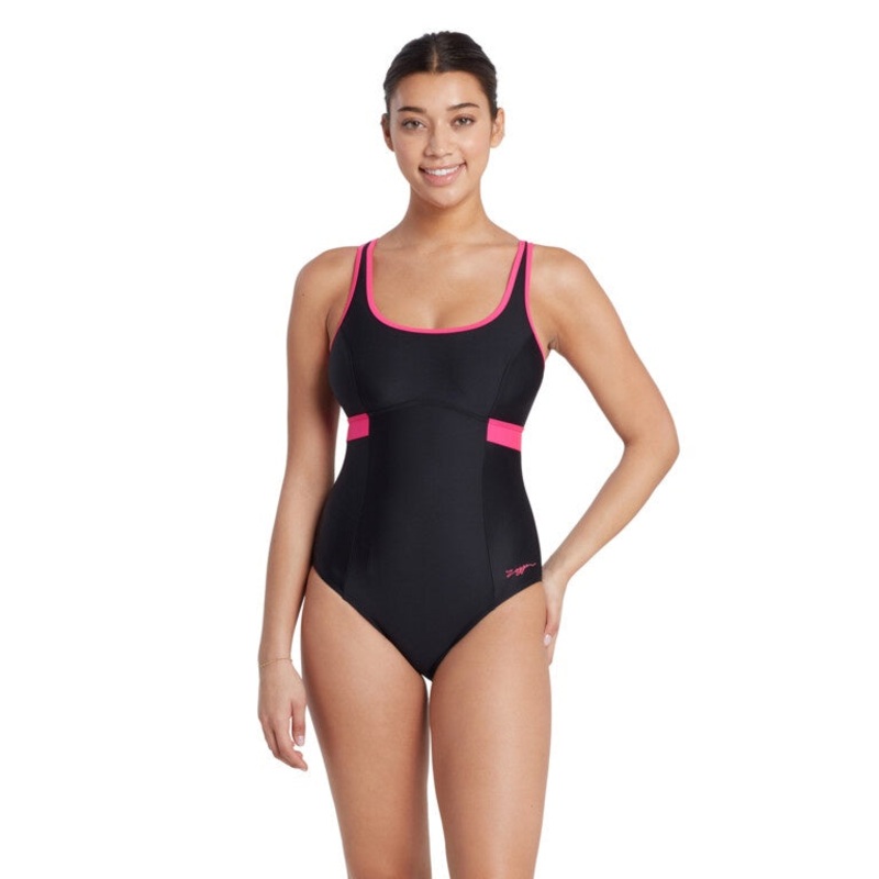 Zoggs Dakota Crossback Ladies Swimming Costume – Black/Magenta