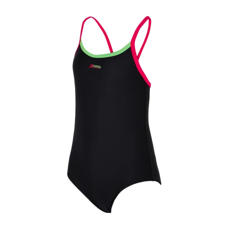 Zoggs Kerrawa Strikeback Girls Swimming Costume – Black/Green/Magenta